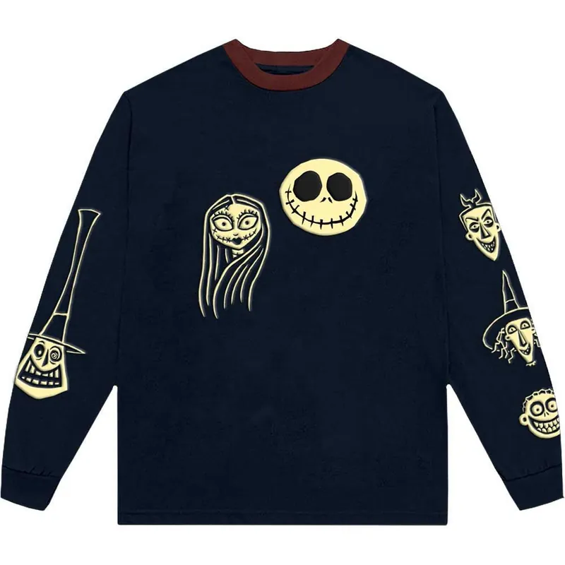 Vente Directe The Nightmare Before Christmas: Faces AOP (Puff Print, Embroidery, Sleeve Print) - Blue Long Sleeve T-Shirt